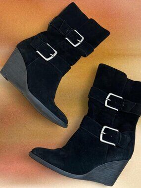 Y2K Black Suede Buckle Wedge Boots ⭐️ Indie Sleaze / Moto / 2000s It-Girl Boots